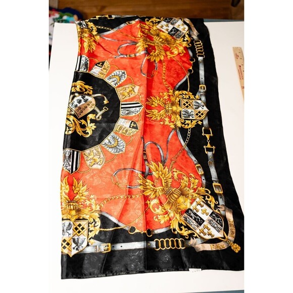 Felix Buhler Vintage Scarf 100% Silk black red gold crest castlecore 34" x 34" - Picture 1 of 5